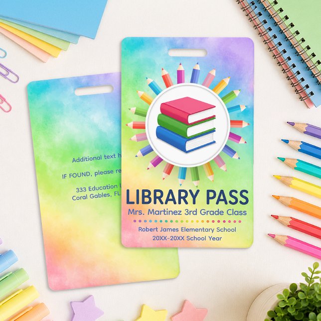 Crachá Cartão de Biblioteca Personalizado Lápis Arco-Íris (Library Pass)