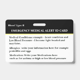 Crachá Cartão de ID de Contato de Emergência de Alerta Mé