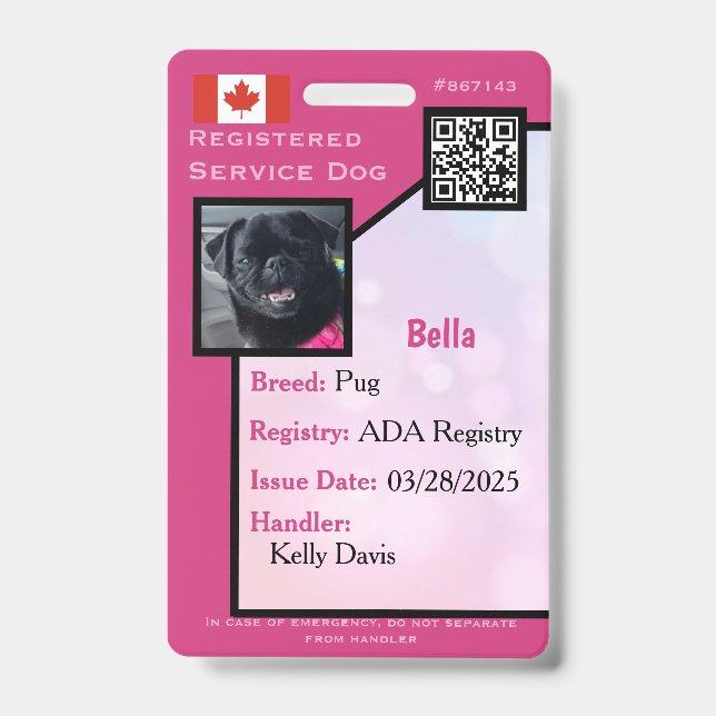 Crachá Cartão de Identificação de Cão de Serviço rosa ver (Frente)