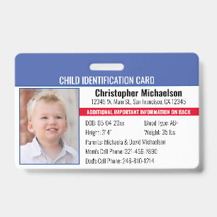 Crachá Cartão de Identificação de Emergência para Criança