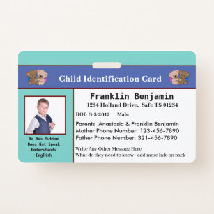 Crachá Cartão de Identificação de Fotografia para Criança