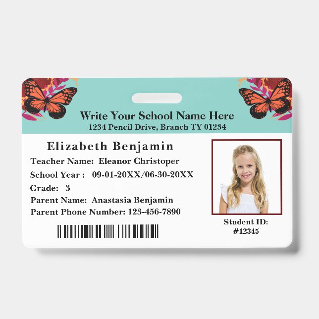 Crachá Cartão de identificação escolar do aluno código de (Frente)