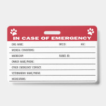 Cartão de Informação Médica de Emergência Cão