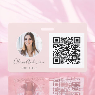 Crachá Cartão de Visita com Código QR Rosa Blush