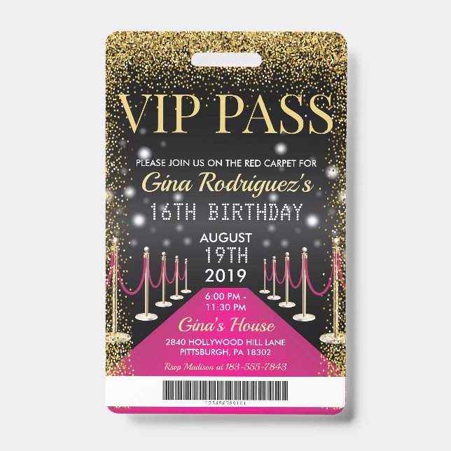 Crachá Cartão VIP Rosa Hollywood Birthday Tapete Vermelho (Frente)