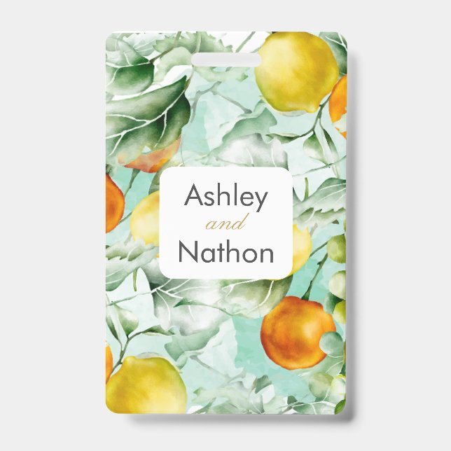 Crachá Casamento Elegante de cor d'água floral e Fruta (Frente)