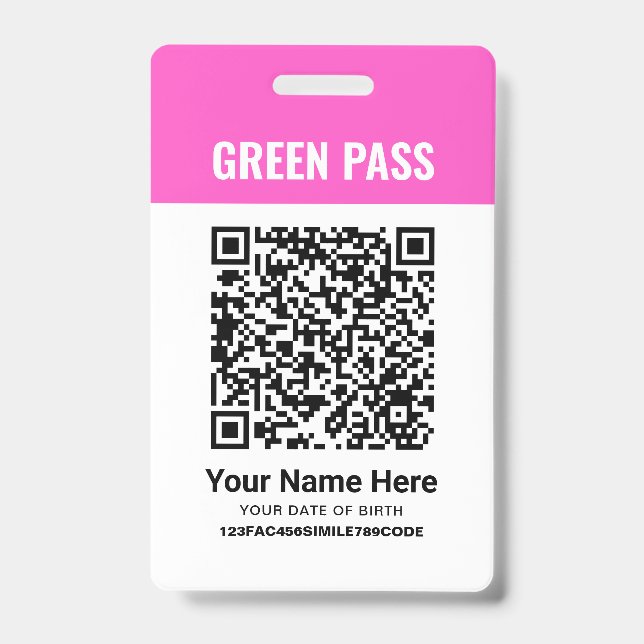 Crachá Certificado de Vacinação Green Pass PVC Rosa (Frente)