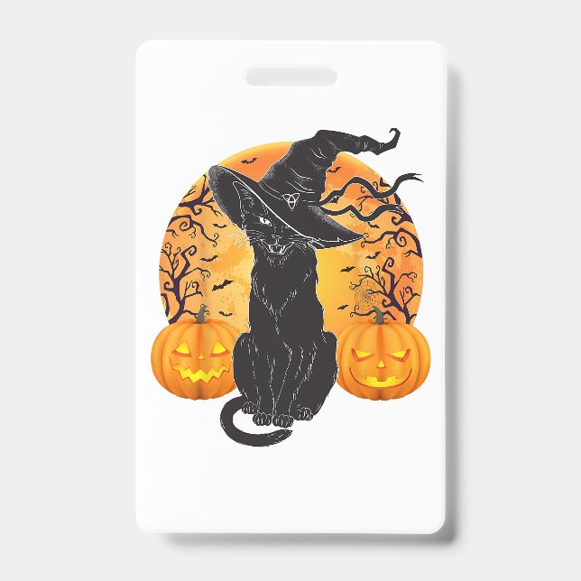 Crachá Chapéu de Bruxa de Halloween de Gato Negro Assusta (Frente)