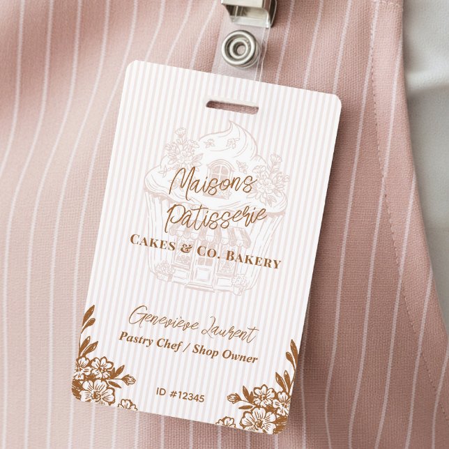 Crachá Chic Pink Stripe Cupcake Bakery Business Employee (Chic Pink Stripe Cupcake Bakery Business Employee Badge)