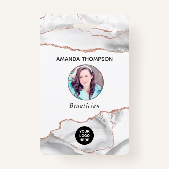 Crachá Chic Watercolor White e Rosa Dourado Agate Busines (Frente)