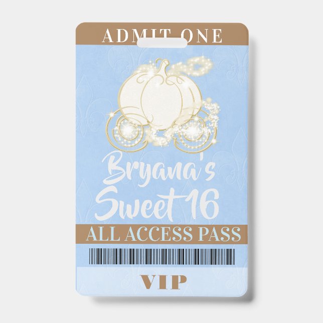 Crachá Cinderella Carruagem Azul Dourado Sweet 16 VIP Pas (Frente)