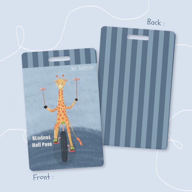 Crachá Circus Giraffe Blue Student Hall Pass Badge (Circus giraffe elementary school blue hall pass badge .)