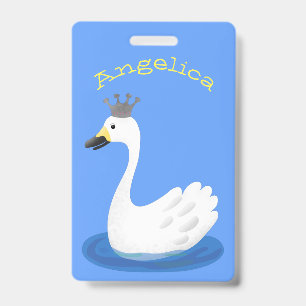 Crachá Cisne branco fofo com desenho de coroa de desenho