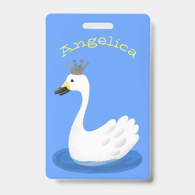 Crachá Cisne branco fofo com desenho de coroa de desenho  (Frente)