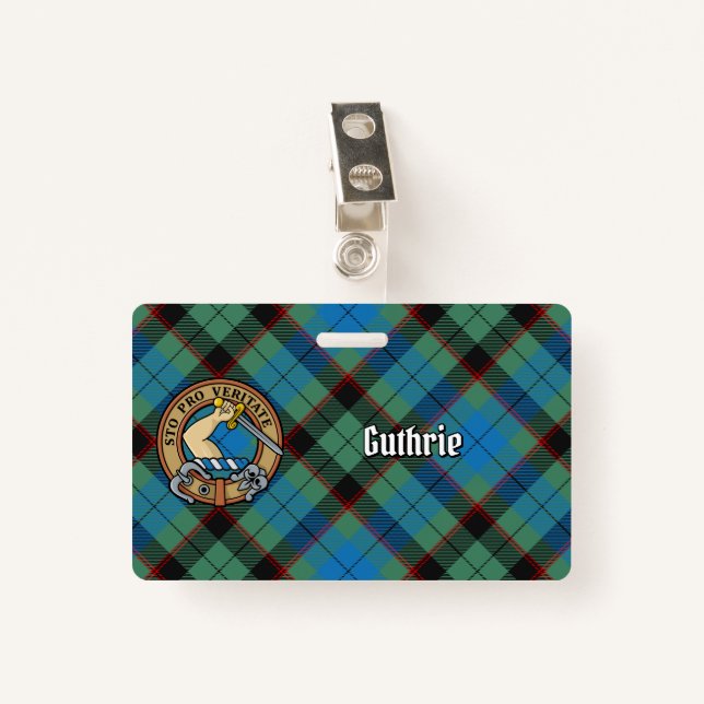 Crachá Clan Guthrie Crest sobre Tartan (Frente com Clipe)