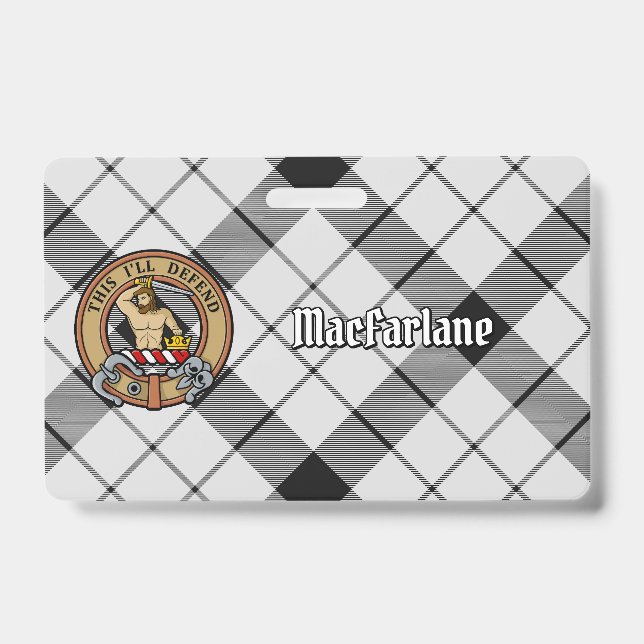 Crachá Clan MacFarlane Crest sobre Tartan Preto e Branco (Frente)