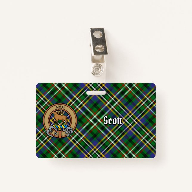 Crachá Clan Scott Crest sobre Green Tartan (Frente com Clipe)