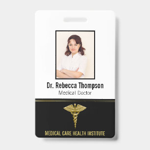 Crachá Classy Medical Dourado Caduceus no Black Photo ID
