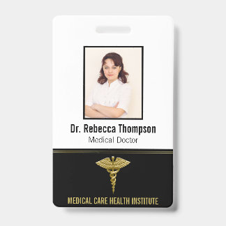 Crachá Classy Medical Dourado Caduceus no Black Photo ID
