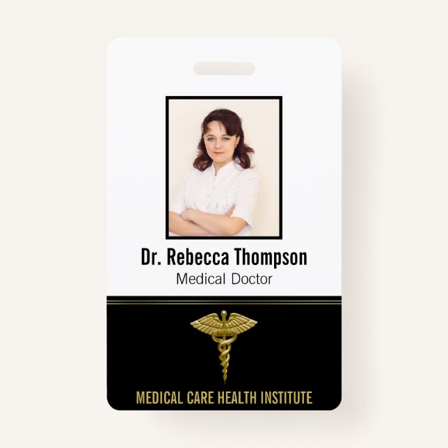 Crachá Classy Medical Dourado Caduceus no Black Photo ID (Frente)