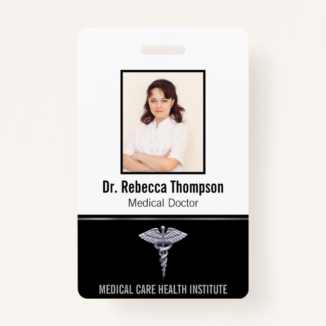 Crachá Classy Medical Silver Caduceus no Black Photo ID (Frente)