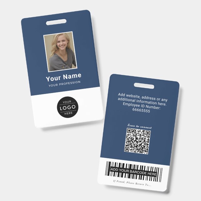 Crachá Código QR Azul Marinho Moderno de Identificação de (Frente e verso)