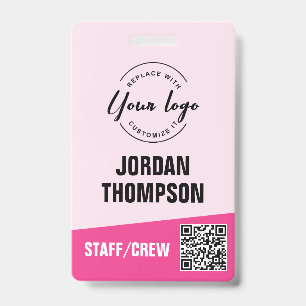 Crachá Código QR de evento corporativo rosa com logotipo