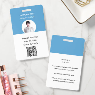 Crachá Código QR de Foto de Enfermeira Registrada Azul Mo