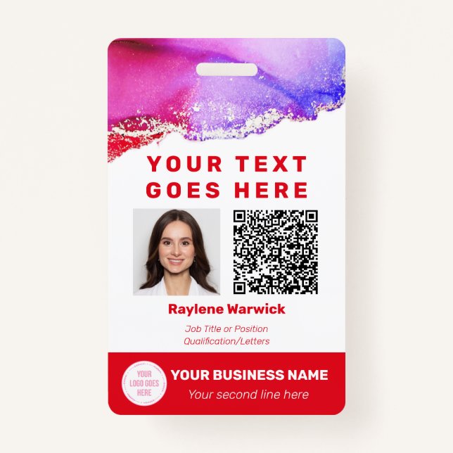 Crachá Código QR de ID de foto do funcionarios vermelho (Frente)