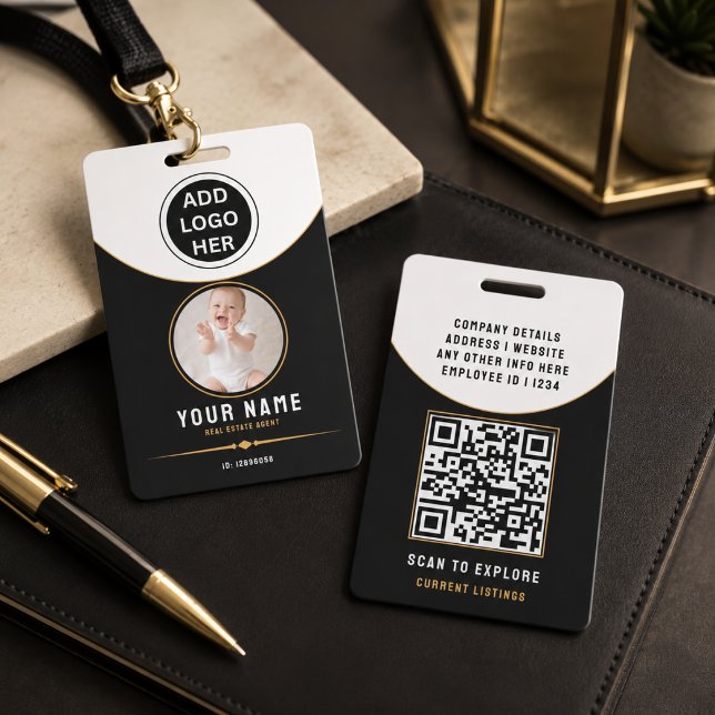 Crachá Código QR de ID de Imóveis Modernos de Luxo em Our (Luxury Black Gold Modern Real Estate QR Code ID Badge
)