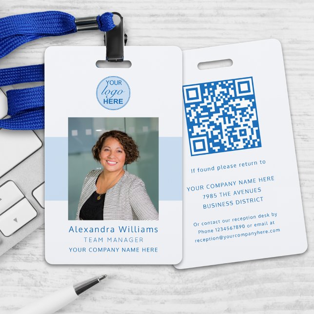 Crachá Código QR de Segurança da Empresa de Identificação (Blue ad gray custom business photo id with qr code security badge Modern professional lanyard)