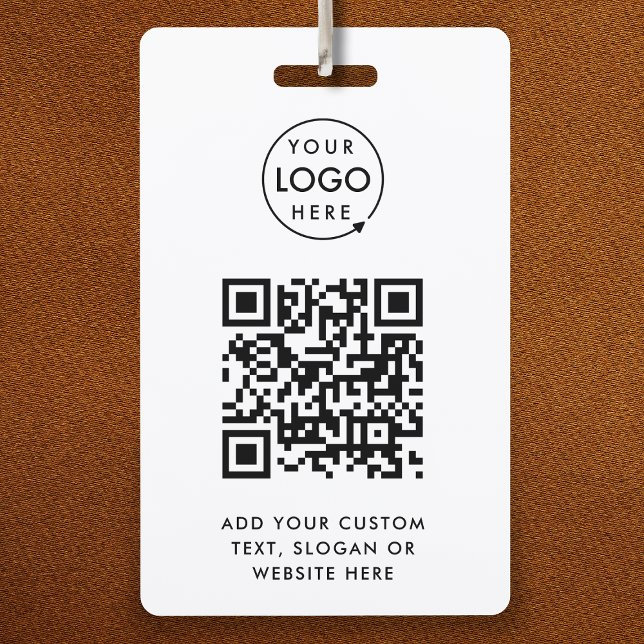 Crachá Código QR | Logotipo Empresarial Branco Simples Pr (Versatile ID badge template with interactive QR code & your company branding.)