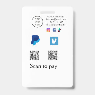 Crachá código QR pagar PayPal venmo digitalizar adicionar