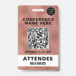 Crachá Código QR Rosa Dourado Metálico Evento de Conferên