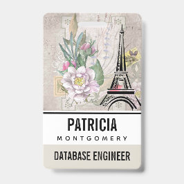 Crachá Colagem de Flores Vintage & Ilustração da Torre Ei