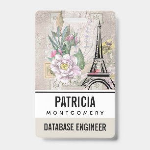 Crachá Colagem de Flores Vintage & Ilustração da Torre Ei