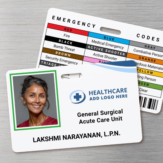 Crachá Color Coded Frame Hospital Employee Photo ID Badge (Double-sided photo ID badge with custom emergency codes and barcode image)