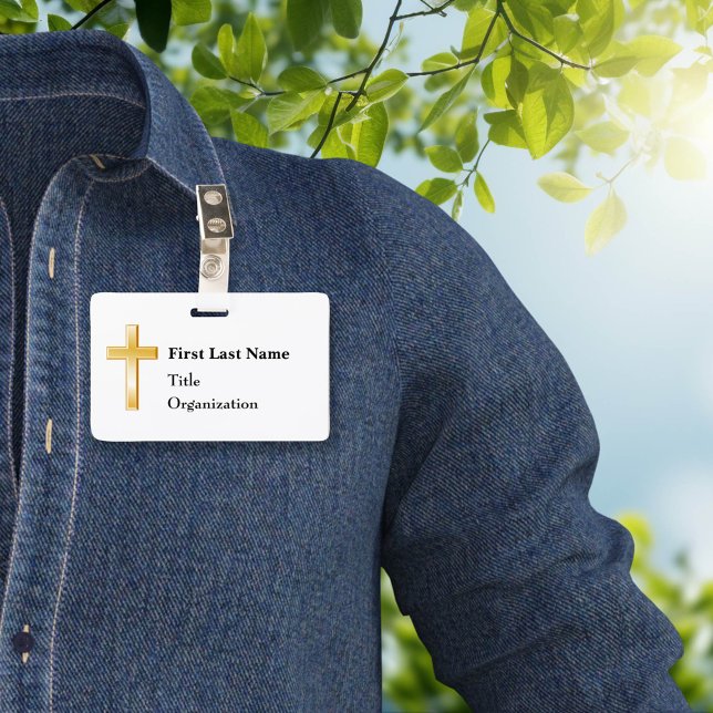 Crachá com Cruz Dourada Cristã (Modern Christian name badge, customize for special events, meetings, and presentations.)