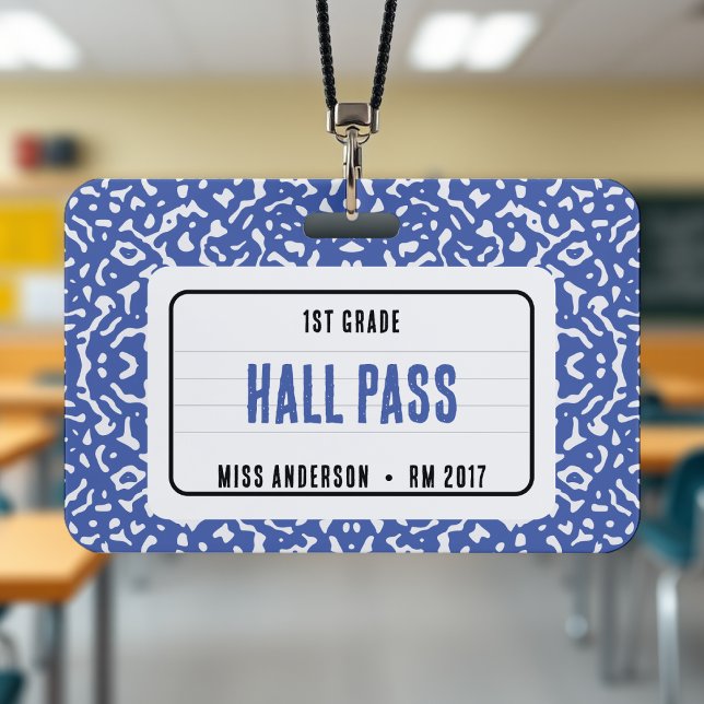 Crachá Composição Sala de Aula do Notebook Azul (Composition Notebook Classroom Hall Pass Blue Badge
)