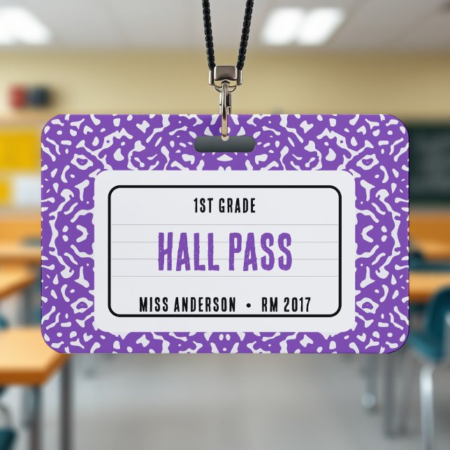 Crachá Composição Sala de Aula do Notebook Pass Puro (Composition Notebook Classroom Hall Pass Purple Badge
)