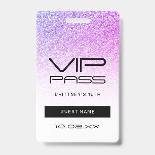 Crachá Convite de 16º Aniversário VIP Brilho Rosa Roxo Gl