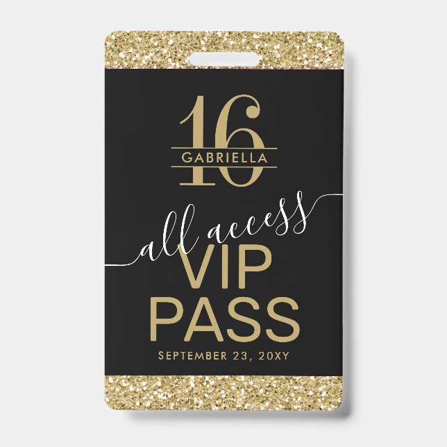 Crachá Convite de Acesso VIP Sweet 16 Preto e Dourado (Frente)
