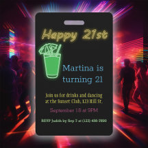 Convite de Aniversário de 21 Anos Neon com Bebidas