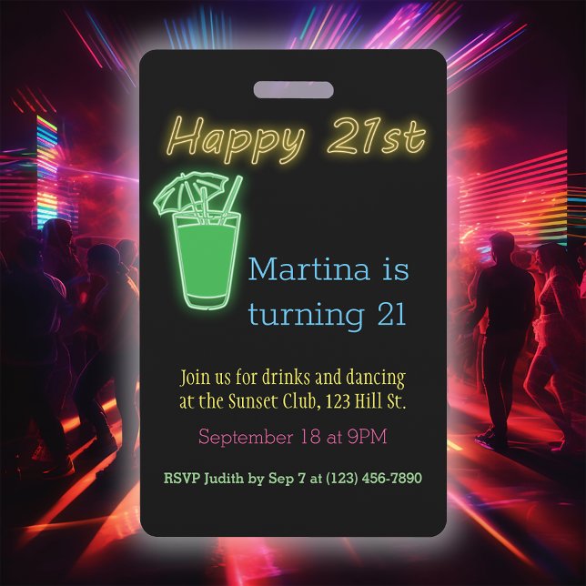 Crachá Convite de Aniversário de 21 Anos Neon com Bebidas (Criador carregado)
