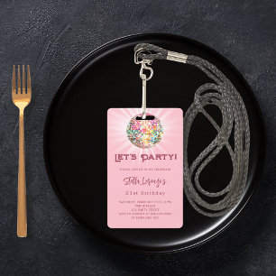 Crachá Convite de aniversário de discoteca rosa