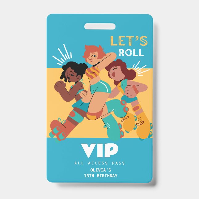 Crachá convite de aniversário de menina de patins VIP (Frente)