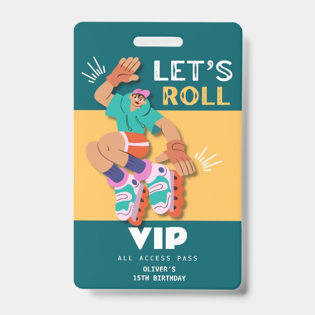 Crachá convite de aniversário de menino de patins VIP (Frente)