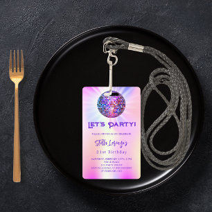 Crachá Convite de aniversário holográfico cor-de-rosa par