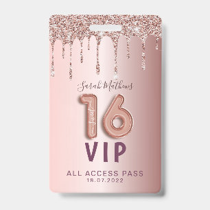 Crachá Convite de Aniversário Sweet 16 com Brilho em Rose