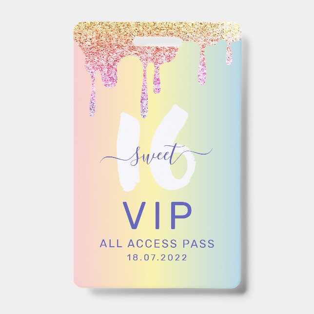 Crachá Convite de Aniversário Sweet 16 Tons Pastel Brilha (Frente)